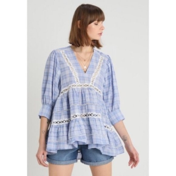 Free People Tops - Free People Time Out Lace Chambray Combo Top Size XS